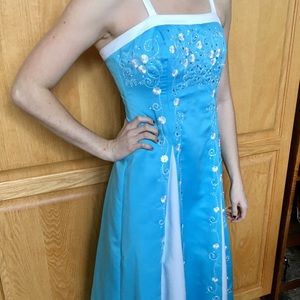 Women’s long light blue & white prom dress